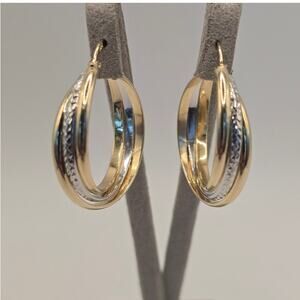 14K Yellow Gold Two-Tone Textured Hoop Earrings 3.8g Classic Stylish Premium